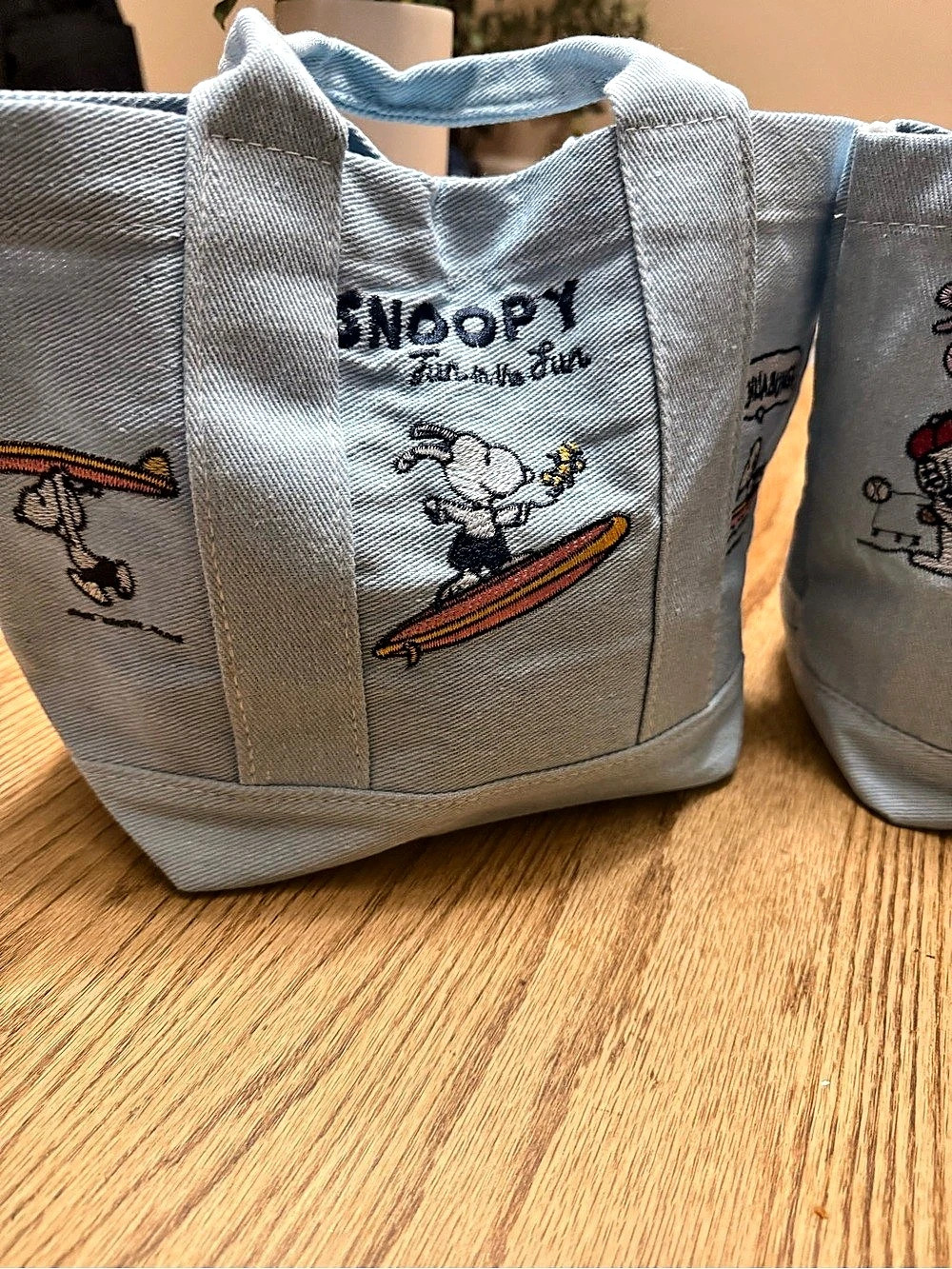 2 Snoopy Embroidered Tote in Blue Denim